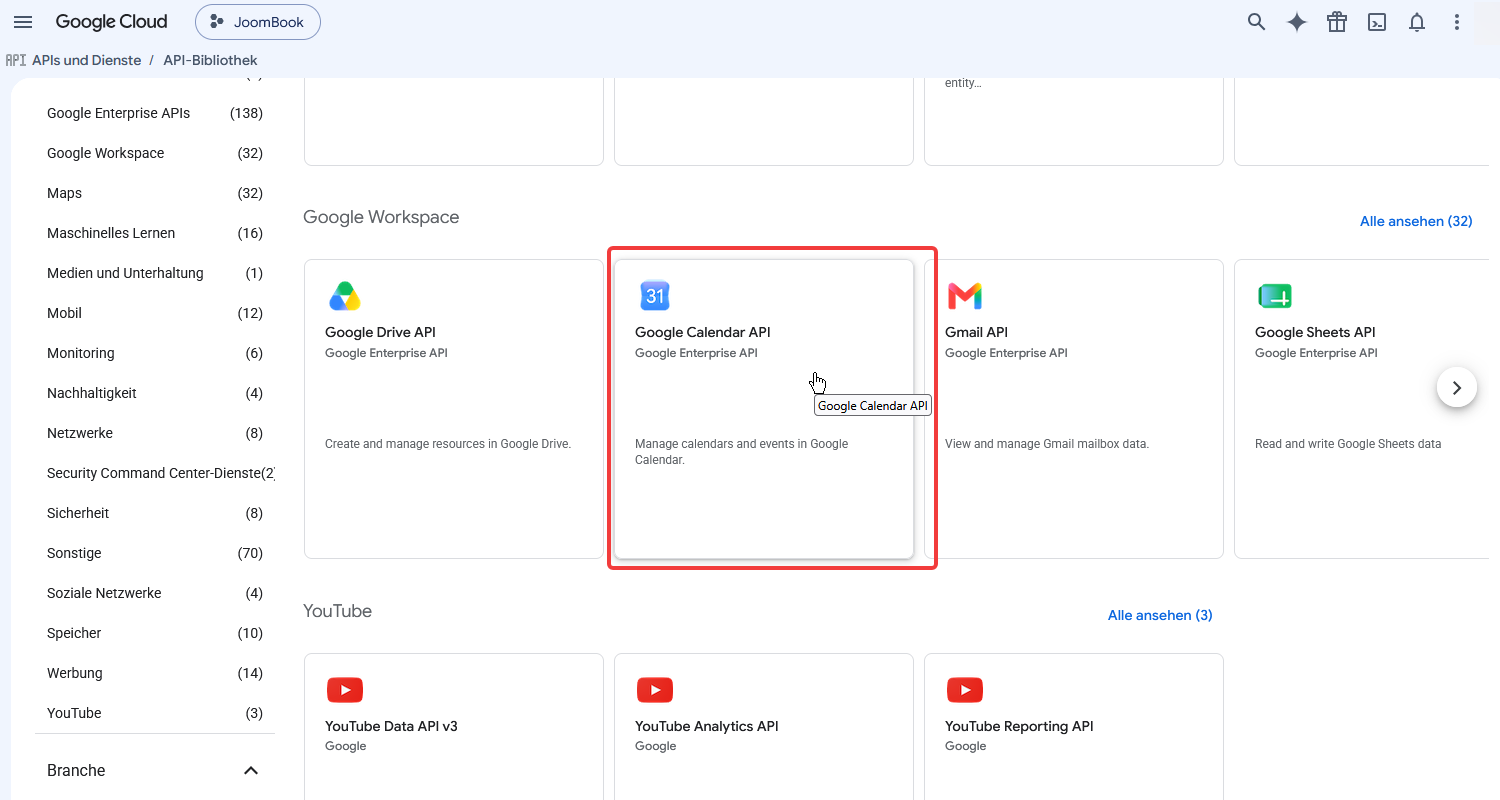 Google Calendar API in der Bibliothek