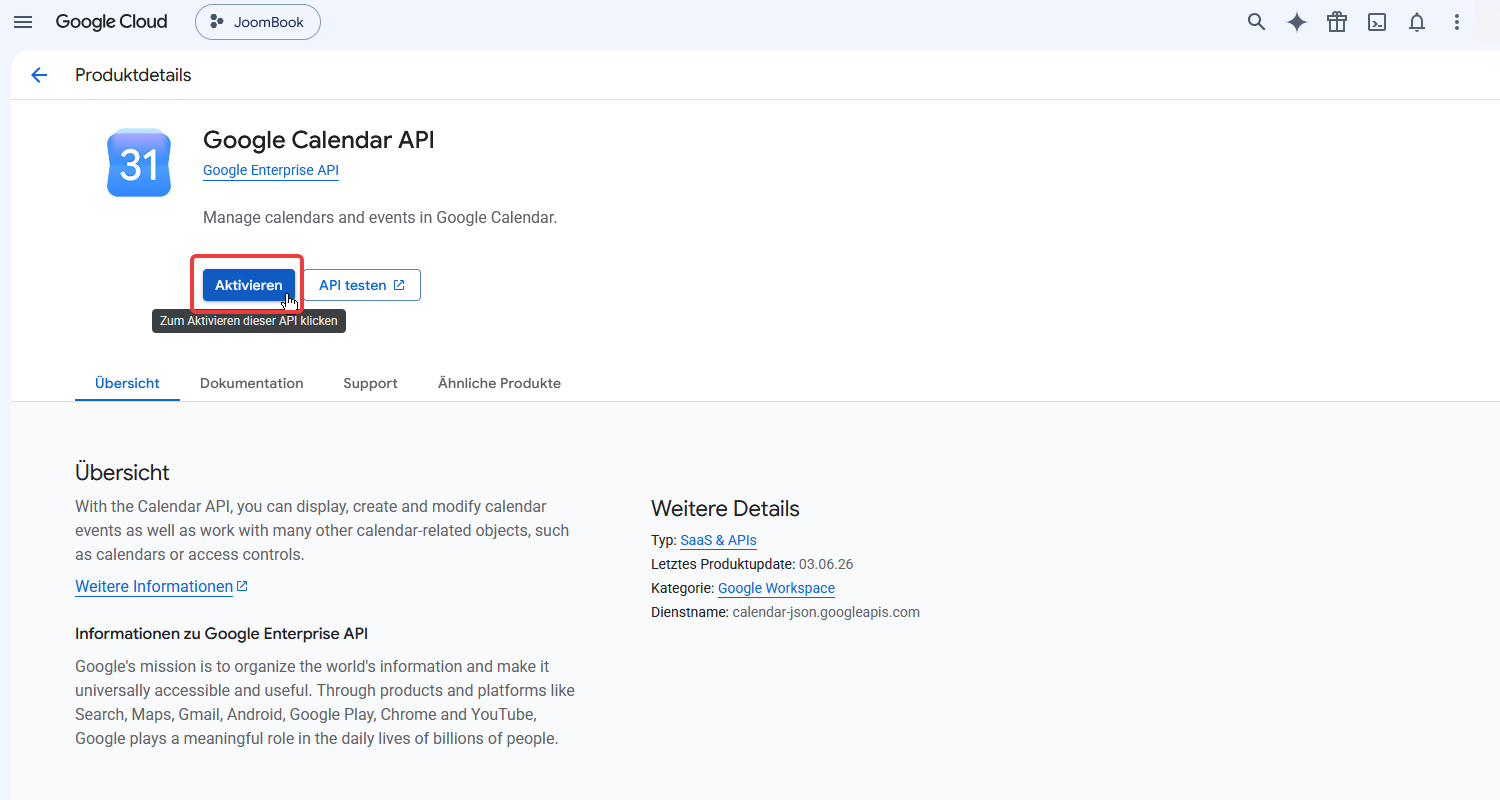 Calendar API aktivieren