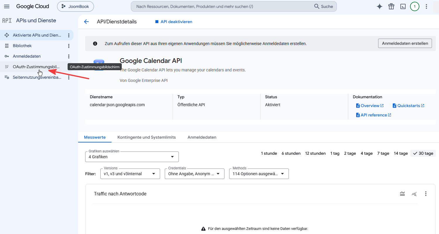 API aktiviert, zum Zustimmungsbildschirm