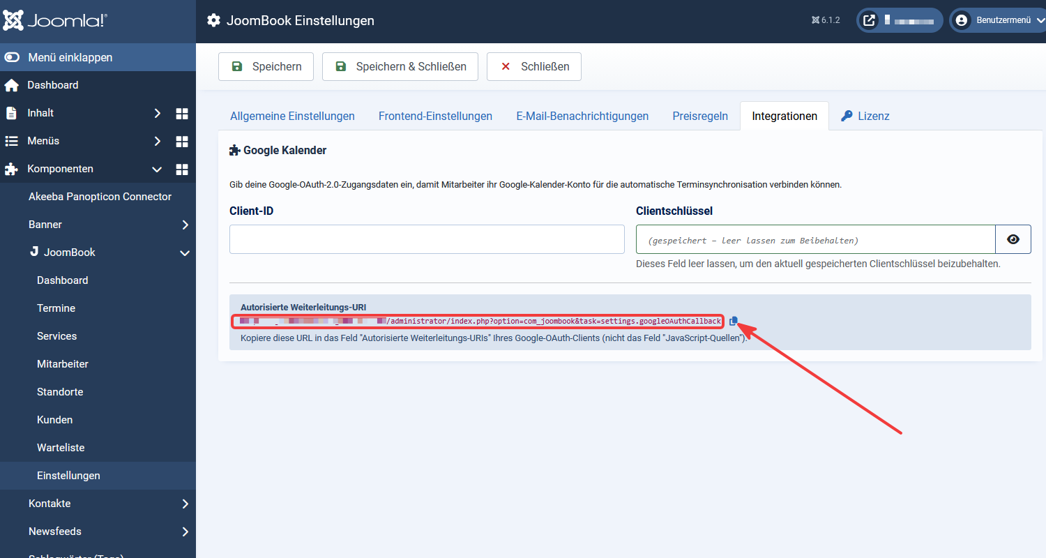 Redirect-URI in JoomBook kopieren