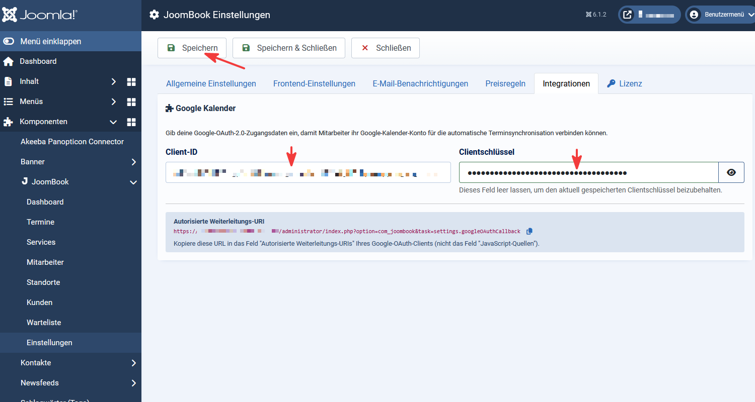Zugangsdaten in JoomBook eintragen