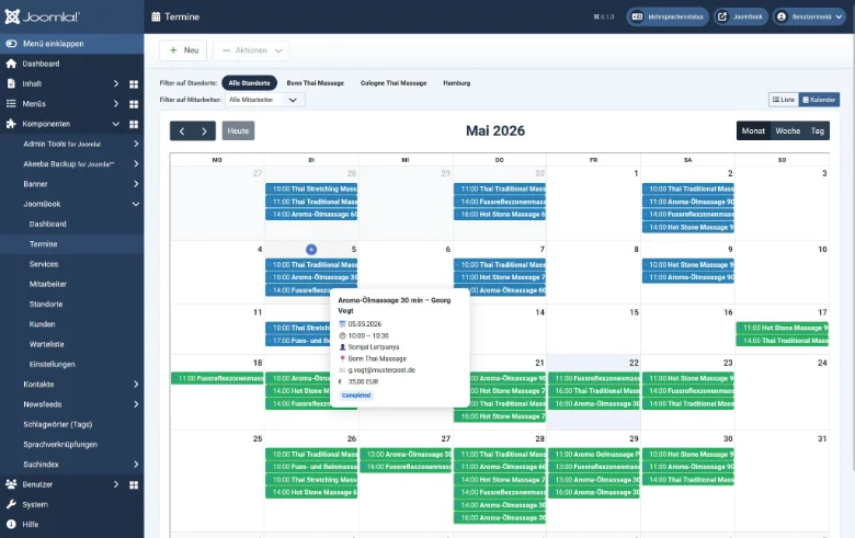 Das Admin Backend der Joomla Terminbuchungs-Erweiterung JoomBook